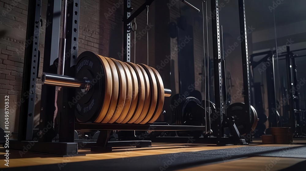 Fototapeta premium Heavy barbell loaded on a squat rack, low light filtering through the gym, creating a focused and intense atmosphere