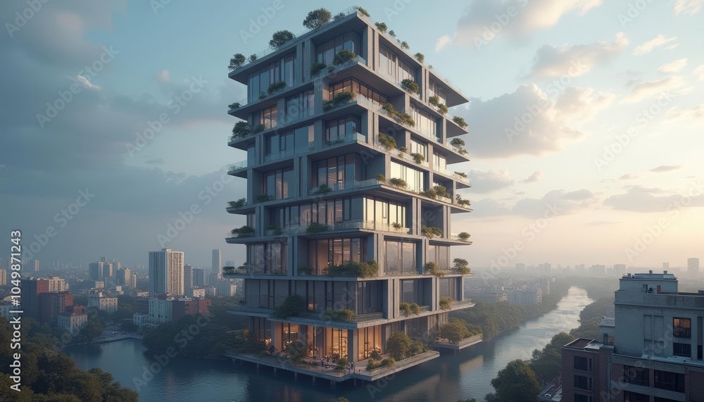 Fototapeta premium Modern architectural marvel by the river