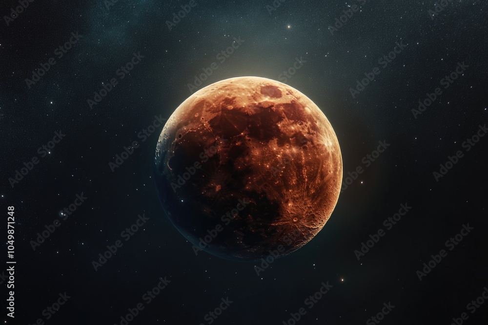 Red planet with a bright yellow moon in the sky. The planet is surrounded by a dark blue sky Red planet with a bright yellow moon in the sky. The planet is surrounded by a dark blue sky