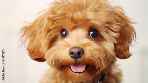 Cute little dog with a big smile on its face. The dog's eyes are wide open and it has a tongue sticking out