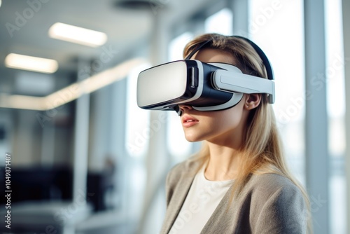 Woman wearing a white shirt and gray jacket is wearing a virtual reality headset. She is looking at the camera