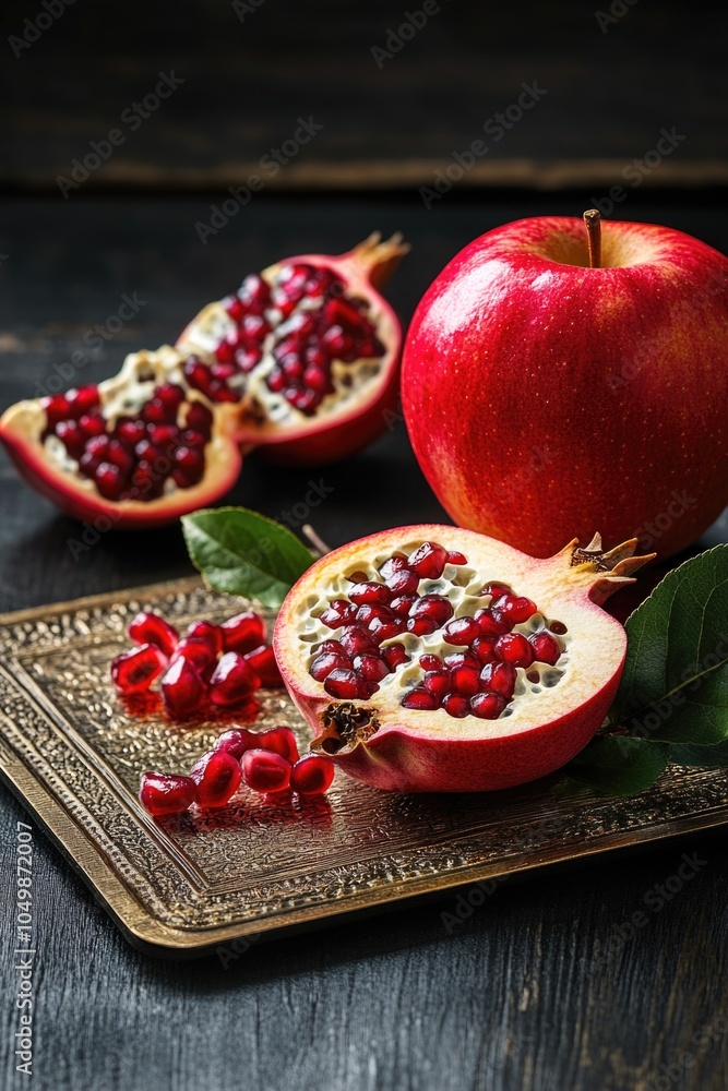 Tray with a pomegranate and an apple on it. The pomegranate is cut in half and the apple is whole Tray with a pomegranate and an apple on it. The pomegranate is cut in half and the apple is whole