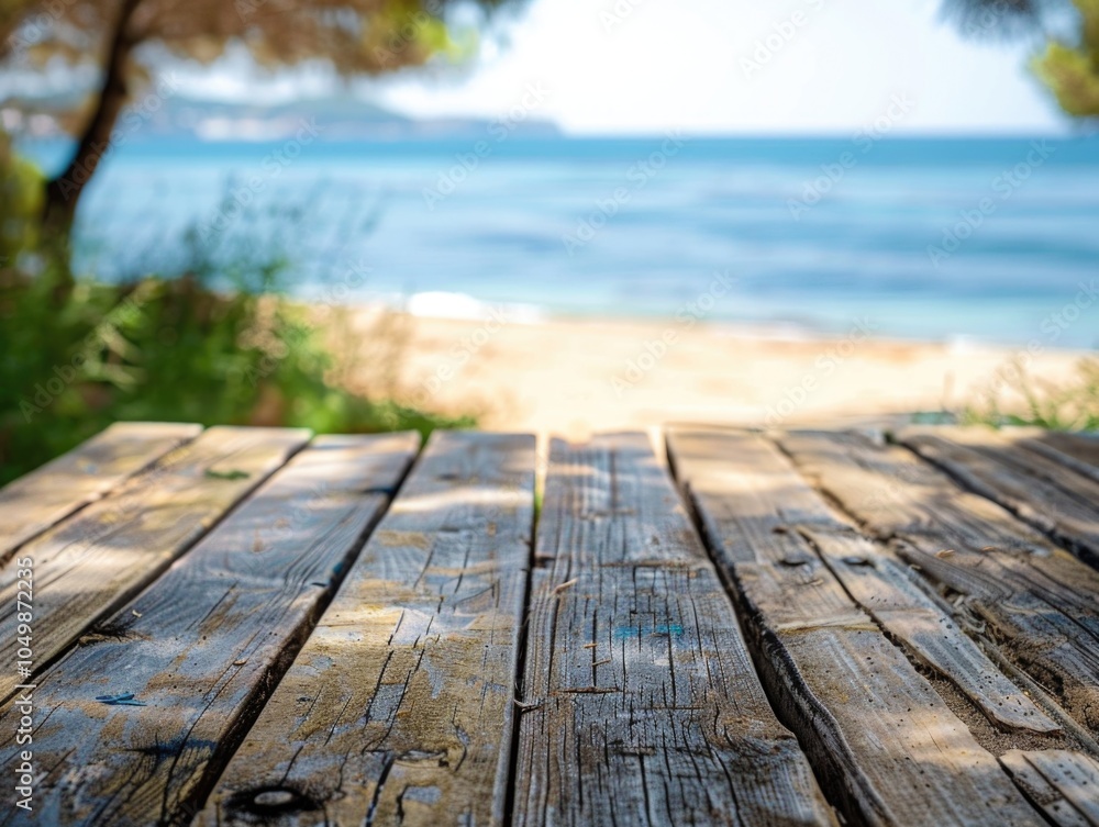 Wooden table with a view of the ocean. The table is empty and the ocean is calm Wooden table with a view of the ocean. The table is empty and the ocean is calm