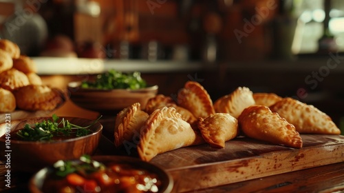 Golden Empanadas on Wooden Board with Salsa