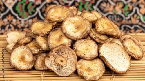 Dried mushroom slices arranged in a pile, showcasing their earthy tones and textures, against a vibrant patterned background.