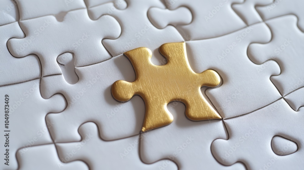 A single gold puzzle piece fitting into a white puzzle for synergy for media partnerships A single gold puzzle piece fitting into a white puzzle for synergy for media partnerships