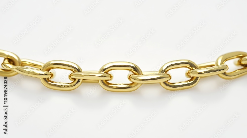 Fototapeta premium A single unbroken gold chain link placed on a smooth white background for strength for safety