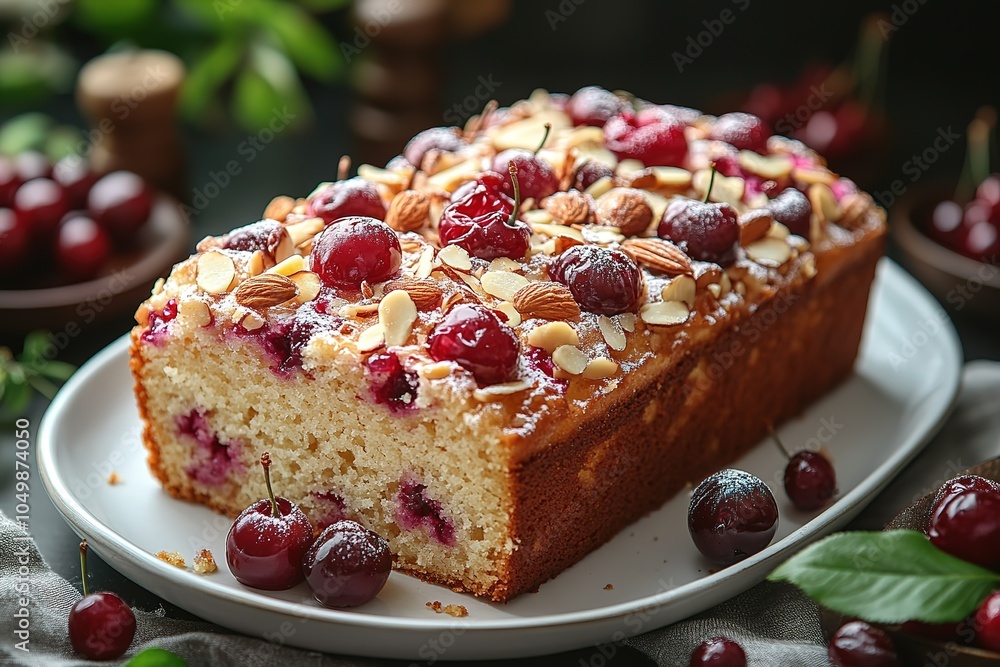 A slice of cherry cake with almonds on top A slice of cherry cake with almonds on top