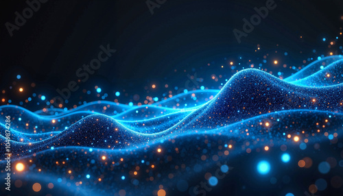 Illuminated blue waves undulate gracefully, surrounded by sparkling particles that enhance the vibrant atmosphere in a dark environment