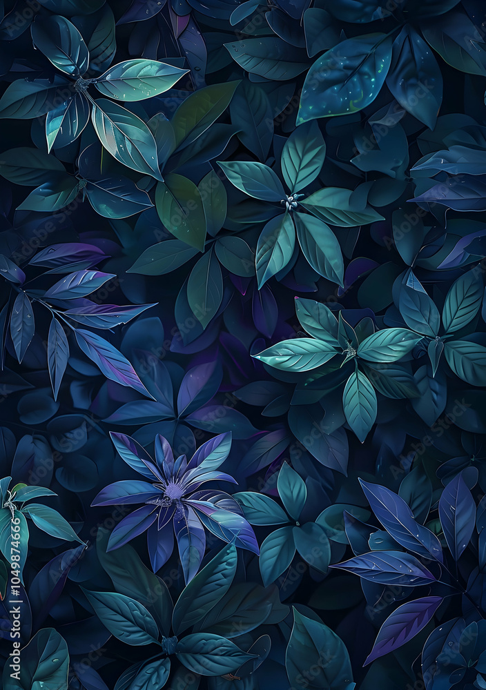 Dark background, dark purple and blue foliage, digital art style, dark green plants Dark background, dark purple and blue foliage, digital art style, dark green plants