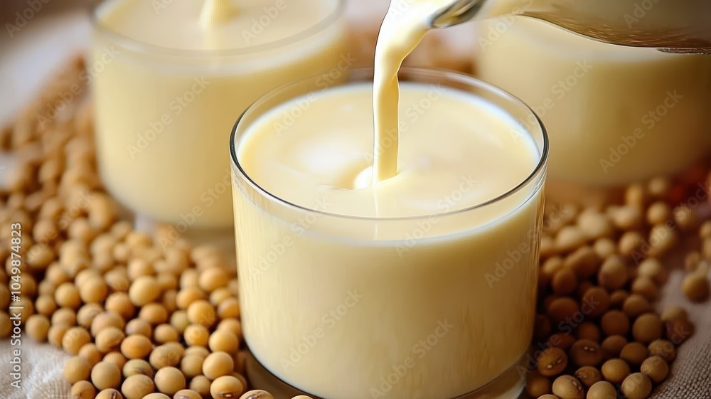 A creamy beverage is being poured into glasses surrounded by soybeans, showcasing the rich, nutritious qualities of soy milk.