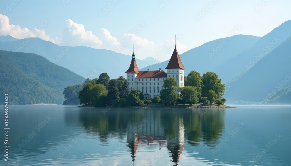 Obraz premium Enchanting lakeside castle a fairytale in nature
