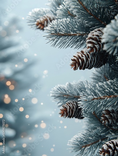Snow covered pine branches with pine cones and soft glowing lights during a w...