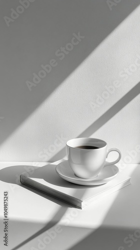 A white cup of coffee placed on a book in soft morning light by the window