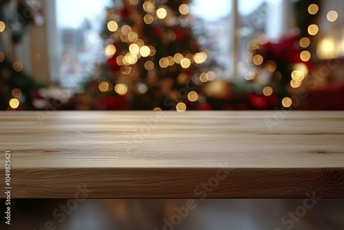 Cozy wooden tabletop with Christmas tree lights glowing in the background dur...