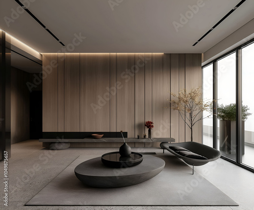 Aesthetic elegant minimalist modern interior design. Clear mock up empty wall for decoration in the apartment. Copy space in the room. Neutral palette of natural colors.