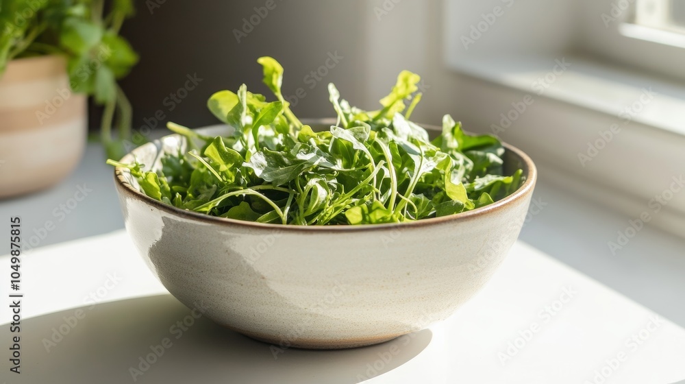 Minimalist ceramic bowl filled with fresh greens set on a clean white table for nutrition for detox Minimalist ceramic bowl filled with fresh greens set on a clean white table for nutrition for detox