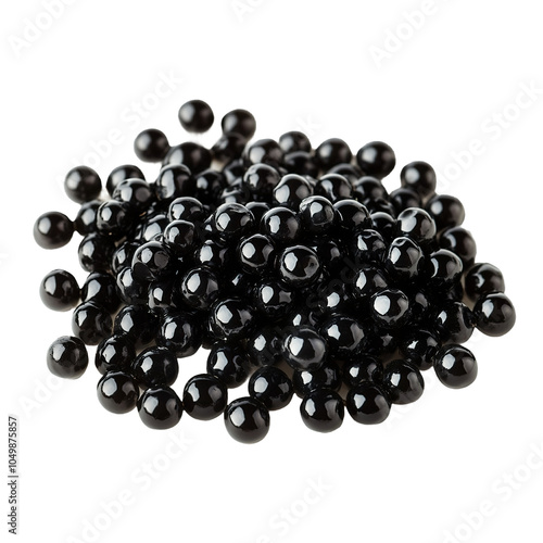 Beluga caviar with shiny black pearls arranged neatly, showcasing the texture and sheen of the pearls, isolated on white background 

 photo