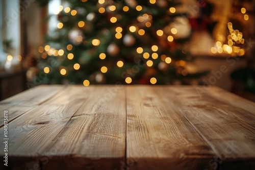 Cozy wooden tabletop with Christmas tree lights glowing in the background dur...
