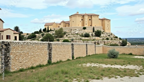  Elegant stone castle with fortified walls set against a clear sky photo