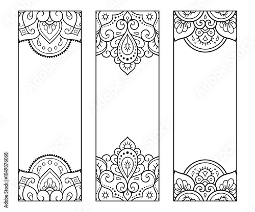 Printable bookmark for book - coloring. Set of black and white labels with flower patterns, hand draw in mehndi style. Sketch of ornaments for creativity of children and adults with colored pencils.