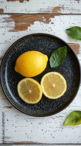 Fresh lemons arranged on a black plate with green leaves on a rustic wooden s...
