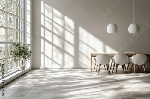 Bright and airy dining area with modern furniture in a spacious room during d...