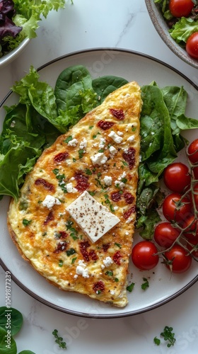 Delicious vegetable frittata served with fresh salad and cherry tomatoes in a...