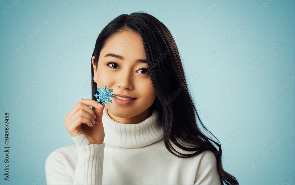 Young attractive woman holding snowflake on plain background. Christmas, New Year and winter mood. Young attractive woman holding snowflake on plain background. Christmas, New Year and winter mood.