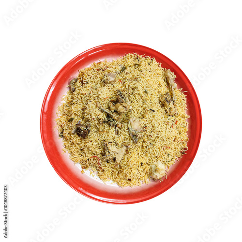 Chicken Pulao Or Biryani Pakistani Or Indian Pulao Or Biryani Rice on Big Size Palate Isolated on White Background