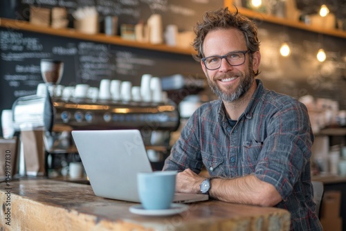 Progressive Entrepreneurship: Coffee Shop Owner Strategizing in Minimalistic Space