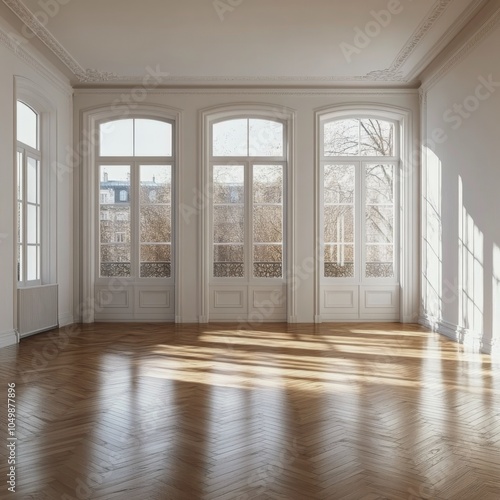 Bright and airy room with wooden flooring and large windows capturing natural...