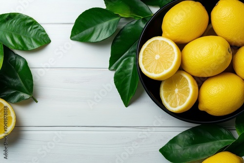 Freshly sliced lemons and whole lemons on a black plate with green leaves in ...