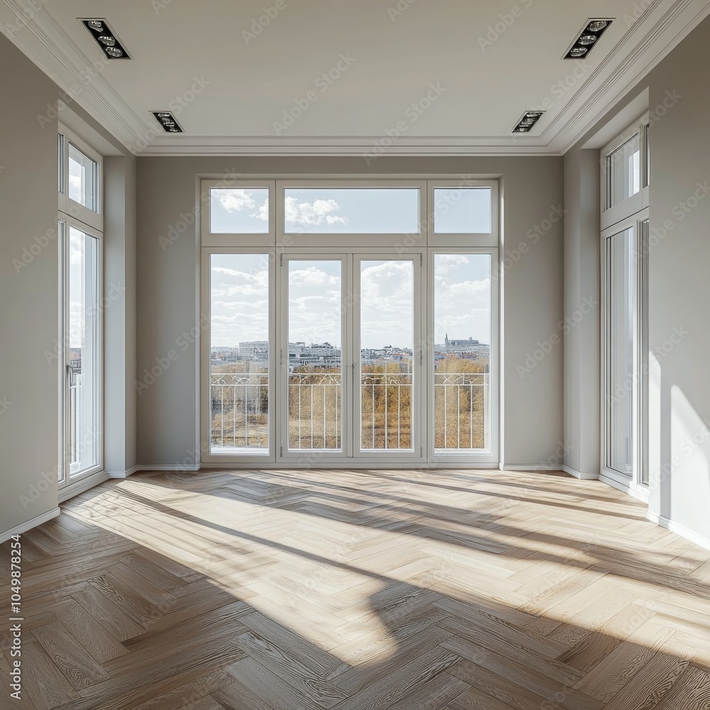 Fototapeta premium Bright and airy room with wooden flooring and large windows capturing natural light