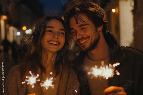 A couple celebrates winter with sparklers and joyful smiles during a festive ...
