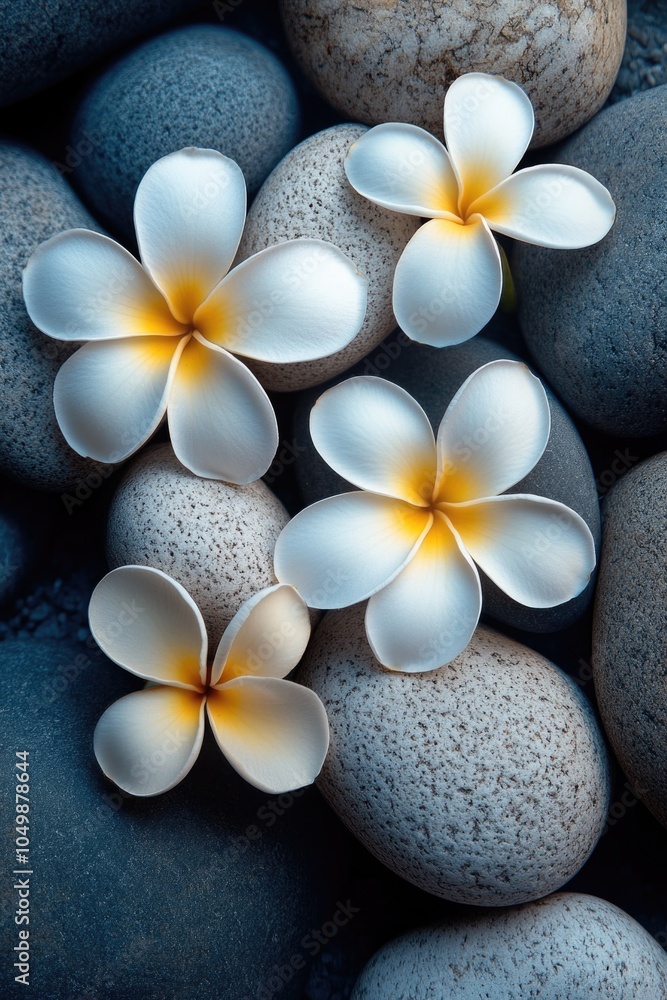 Close up of three white flowers on a bed of rocks. The flowers are in the center of the image and are surrounded by the rocks. Scene is serene and peaceful, as the flowers and rocks create a calming Close up of three white flowers on a bed of rocks. The flowers are in the center of the image and are surrounded by the rocks. Scene is serene and peaceful, as the flowers and rocks create a calming