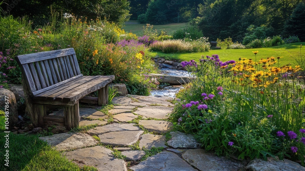 Idyllic rural hideaway with a charming stone patio, rustic bench, and vibrant wildflowers