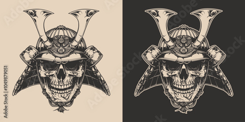 Vintage retro engraving woodcut style sketch draw paint of samurai skull head front view