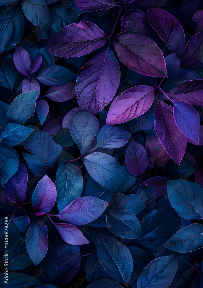 Fototapeta premium Dark background, dark purple and blue foliage, digital art style, dark green plants