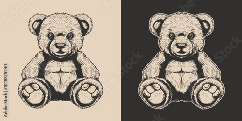 Vintage retro engraving woodcut style sketch draw paint of child toy teddy bear sitting pose