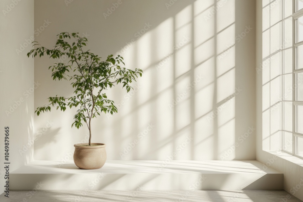 Minimalist Interior Design with a Green Plant in a Pot, Sunlight Streaming Through a Window, Casting Shadows on a White Wall and Platform Minimalist Interior Design with a Green Plant in a Pot, Sunlight Streaming Through a Window, Casting Shadows on a White Wall and Platform