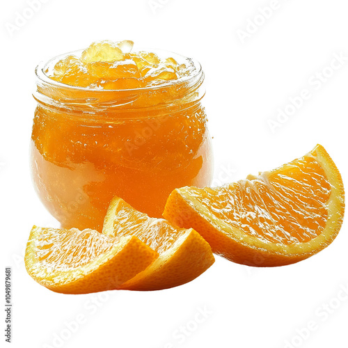 Orange marmalade with tangy citrus peel in a glass jar, viewed from the front to highlight texture and color, isolated on white background photo