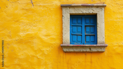 A blue window in front of a yellow wall