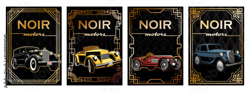 1930s - 1940s Retro Cars, Art Deco Frames and Backgrounds, Noir Style Posters, Covers, Illustrations Template Set 