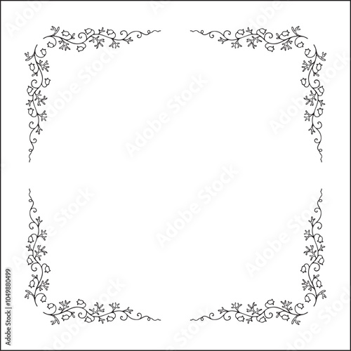 Elegant black and white vector square decorative frame, vegetal ornamental frame with flowers, decorative border, corners. Isolated vector illustration.	