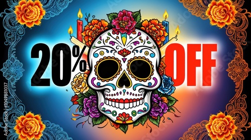 20% OFF logo, ornately decorated with a colorful sugar skull motif surrounded by traditional Day of the Dead elements such as marigolds candles and ornate filigree patterns photo