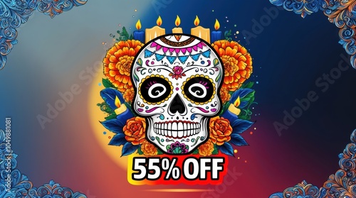 55% OFF logo, ornately decorated with a colorful sugar skull motif surrounded by traditional Day of the Dead elements such as marigolds candles and ornate filigree patterns photo