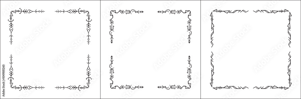 Frame set. Three frames with elegant black and white ornamental frame with Viking runes, decorative border, corners. Isolated vector illustration.
Frame set. Three frames with elegant black and white ornamental frame with Viking runes, decorative border, corners. Isolated vector illustration.