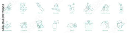 Icon Set Featuring Hemp Rope, CBD Products, and Wellness Items Including Vape Pens, Stress Relief, and Skincare Solutions