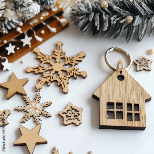 New year or Chrismas day,A photo with wooden snowflakes and wooden stars on a white background has an old key and a wooden house,leave space for the text design.